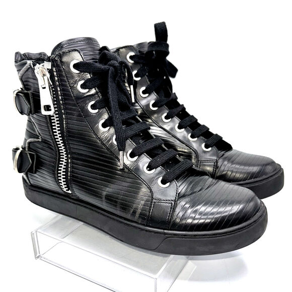 AllSaints Black Leather Keiko Trainers | Zip Buckle Combat Sneakers Streetstyle - Picture 1 of 13
